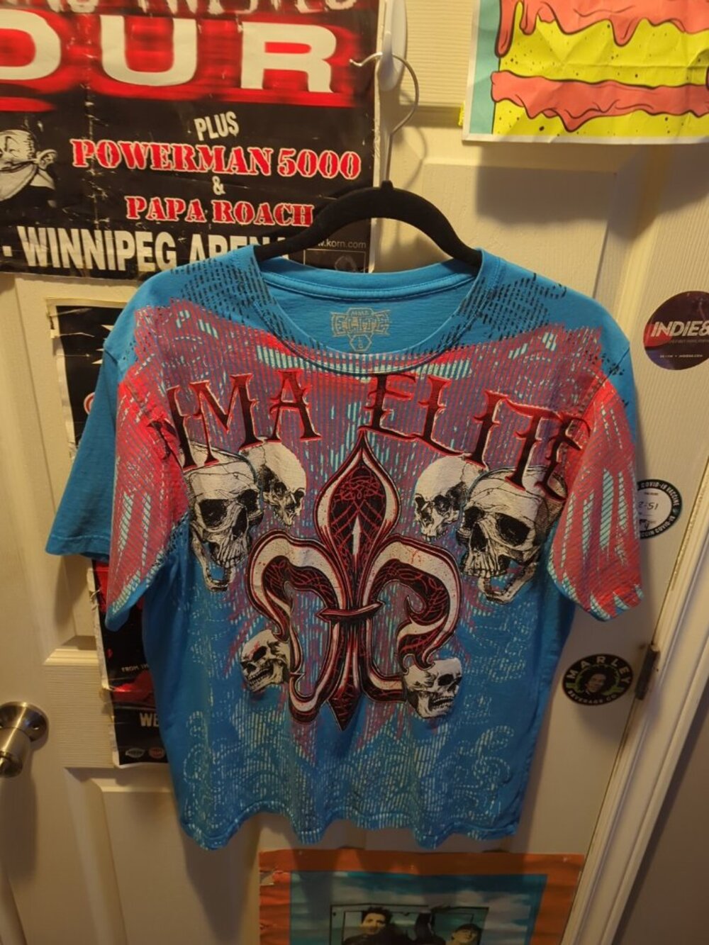 Y2K MMA Elite Shirt Adult L Blue All Over Print Skulls Grunge Cross Goth Cyber